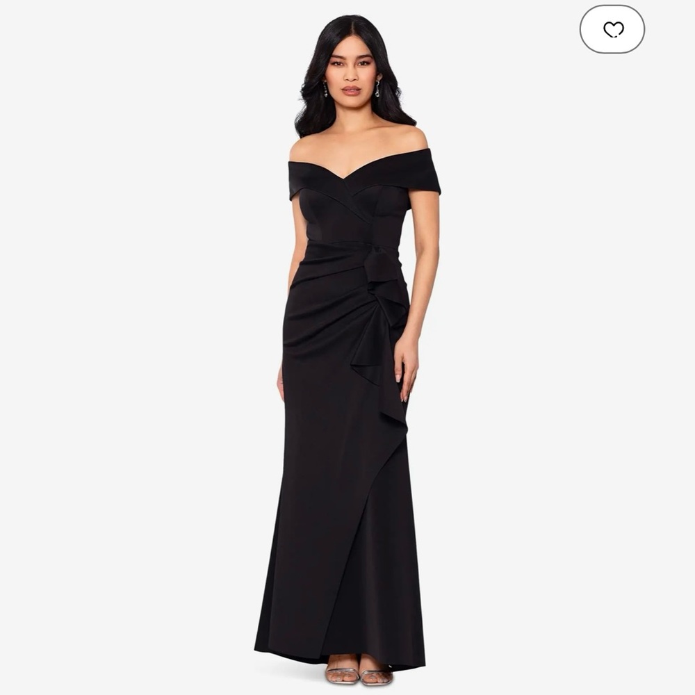 Xscape Black Over the Shoulder Ruffle dress. Worn once. Excellent condition.